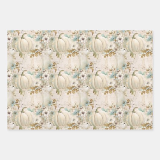Witte pompoenen Aqua Blue Herfst Waterverf Bloemen Inpakpapier Vel (Voorkant 3)