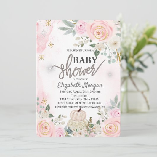 Witte pompoenen, bloemen baby shower uitnodiging (Staand voorkant)