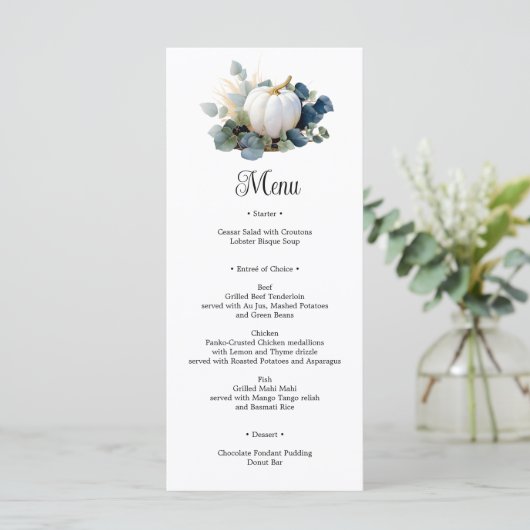 Witte pompoenen en eucalyptus greens Vrijgezellenf Menu (Staand voorkant)