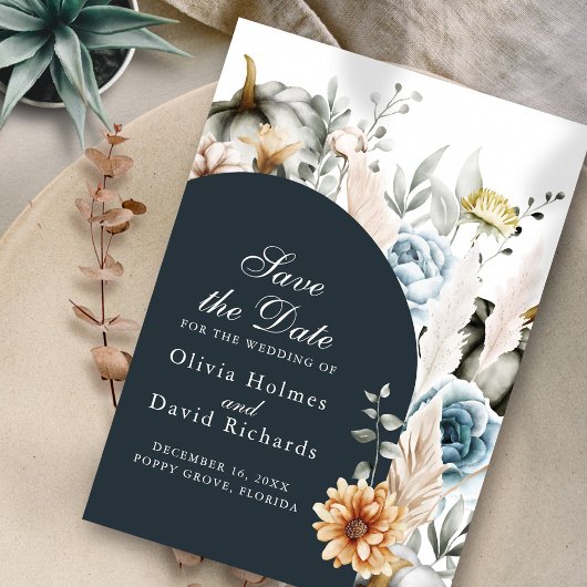 Witte pompoenen met wilde bloemen Save the Date Ka