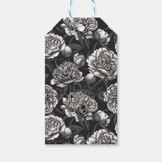 Witte pony bloemen op donkergrijs cadeaulabel (Voorkant)