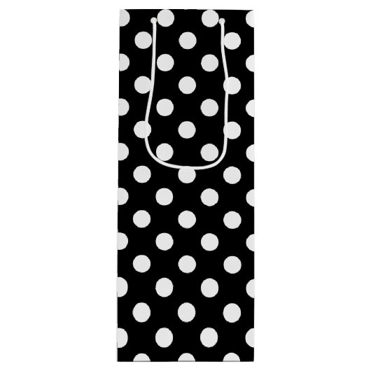 Witte poolpunten op zwarte achtergrond wijn cadeautas (Voorkant)