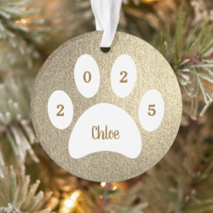 Witte pootafdruk Gouden kattenfoto met naam jaar Ornament