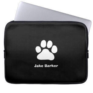 Witte pootafdruk op zwart - aangepaste tekst en kl laptop sleeve