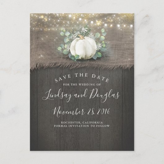 Witte Pumpkin Rustic Save the Date Aankondigingskaart (Voorkant)