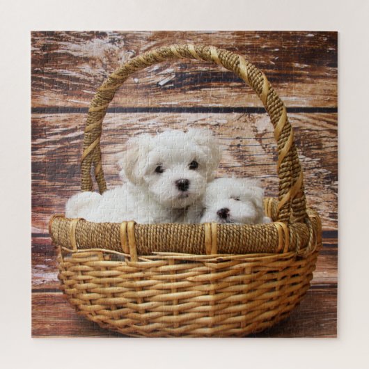Witte Puppies in een mand Legpuzzel (Verticaal)