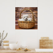 Witte Puppies in een mand Poster (Keuken)