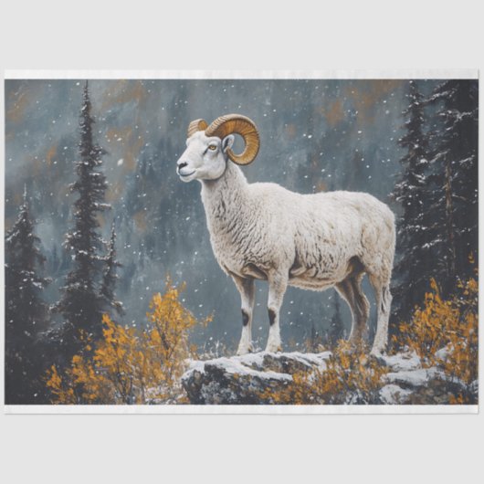 Witte Ram Staande Op Snowy Mountain Decoupage Tissuepapier (Voorkant)