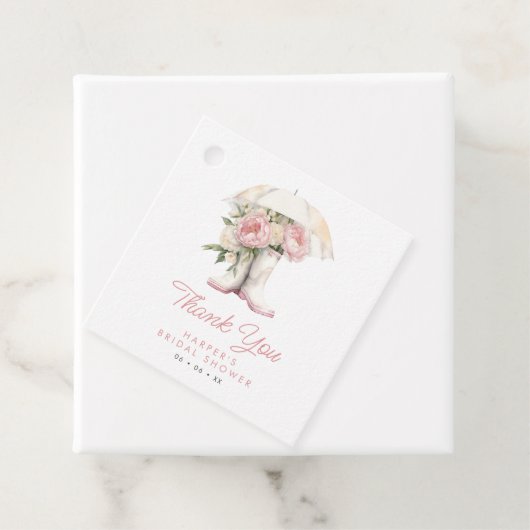 Witte regenlaarzen & roze pioenrozen Vrijgezellenf Bedankjes Labels (In situ)