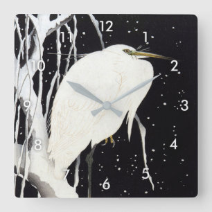 Witte reiger op besneeuwde wilg, Ohara Koson Vierkante Klok