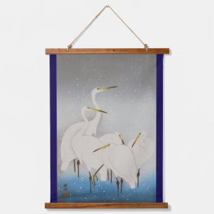 Witte reigers in de sneeuw, Ohara Koson, Woodcut Hangend Wandkleed