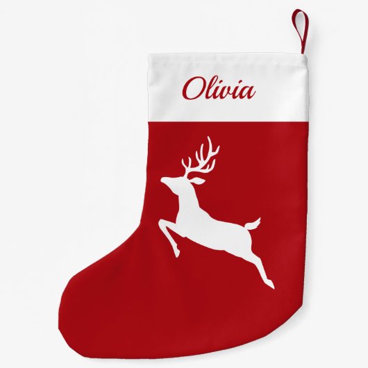 Witte rendiersilhouet op rode en aangepaste naam kleine kerstsok (Achterkant)