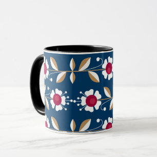 Witte retro bloemen op een donkerblauwe achtergron mok