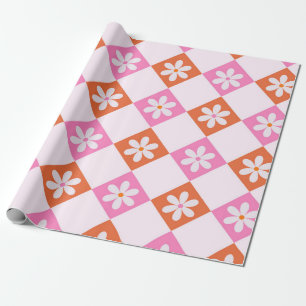 Witte Retro Flowers op Sinaasappel en Roze Diamant Cadeaupapier