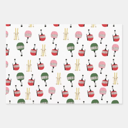 Witte retro skilift gondel winterskiën inpakpapier vel (Voorkant 2)