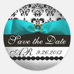 WITTE RIBBON BLUE TURQUASE BLACK DAMASKMONOGRAM RONDE STICKER