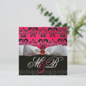 WITTE RIBBON PINK RED RUBY BLACK DAMASK MONOGRAM KAART (Staand voorkant)