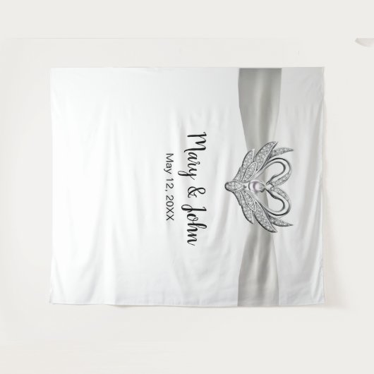 Witte Ribbon Zilveren Zwanen Huwelijksachtergrond Wandkleed (Voorkant (horizontaal))