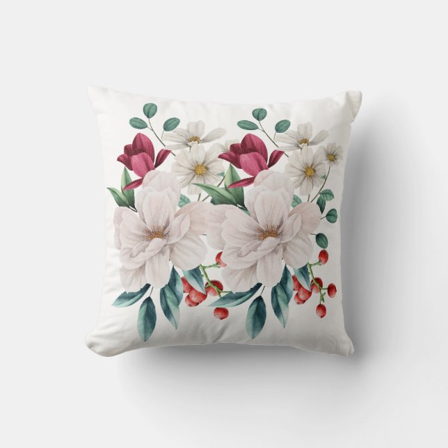 Witte Rode Bloemen Bloemstuk Groen Rode Bessen Cad Kussen (Voorkant)
