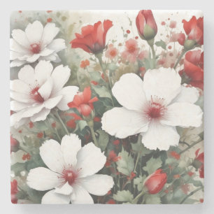 Witte & Rode Bloemen Elegante Aquarel Stenen Onderzetter