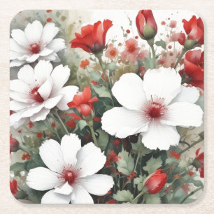 Witte & Rode Bloemen Elegante Waterverf Vierkante Kartonnen Onderzetter