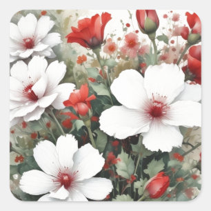 Witte & Rode Bloemen Elegante Waterverf Vierkante Sticker