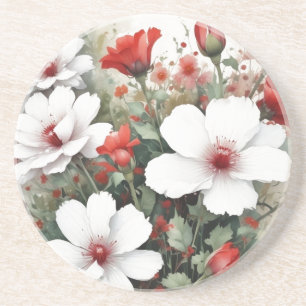 Witte & Rode Bloemen Elegante Waterverf Zandsteen Onderzetter