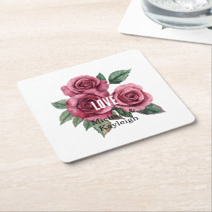 Witte Rode Rozen Bloemen Liefde Trouwen Vierkante Kartonnen Onderzetter
