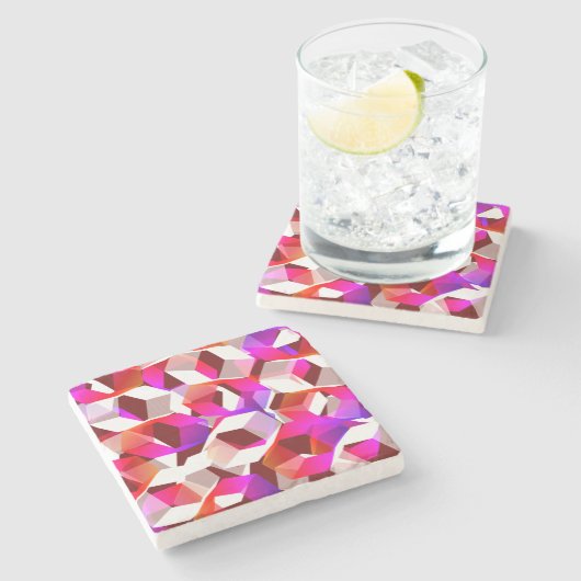 Witte, rode tot roze hexagons op donkerrode achter stenen onderzetter (Zijkant)