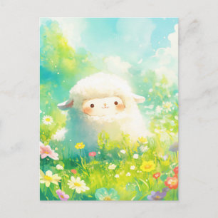 Witte Ronde Alpaca in Lente Bloemenweide Briefkaart
