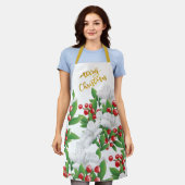 Witte rood groene bloem | Goud Vrolijk Kerstfeest Schort (Gedragen)