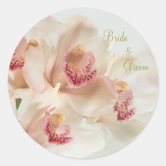 Witte room Orchideeën in volle bloei Bruiloft Ronde Sticker (Voorkant)