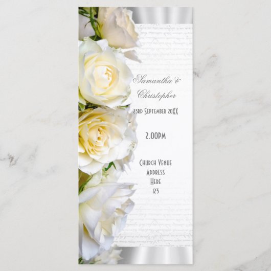 Witte roos bloemenkerk huwelijksprogramma programma (Voorkant)