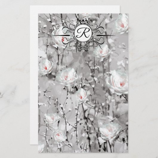 Witte roos bloemenwinter grijs patroon briefpapier (Voorkant / Achterkant)