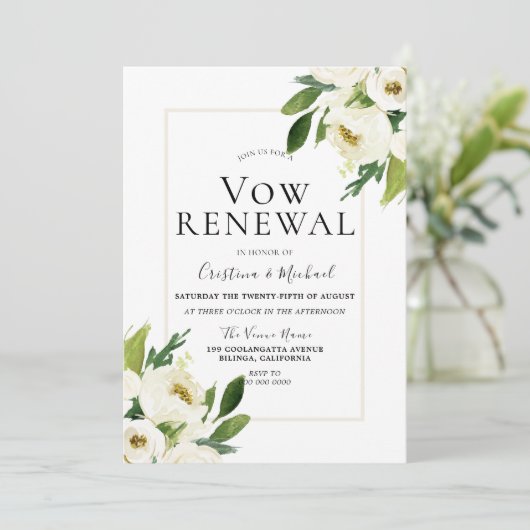 Witte Roos Bloemige Crème Eed hernieuwingsceremoni Kaart (Staand voorkant)