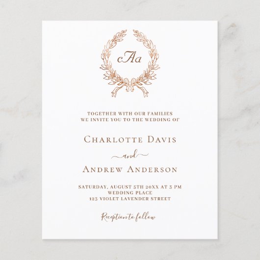 Witte roos gouden krans monogram bruiloft uitnodig (Voorkant)