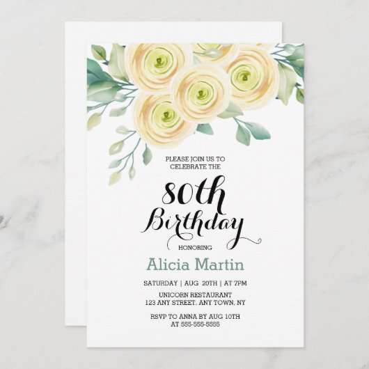 Witte roos groen Flora Eucalyptus 80ste verjaardag Kaart (Voorkant / Achterkant)