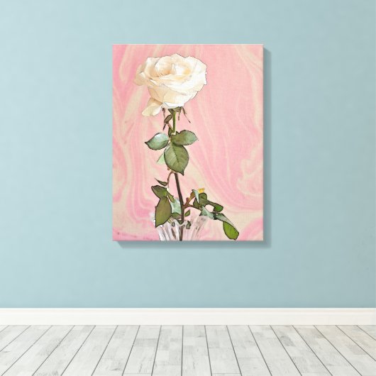 Witte roos in vaas - canvas print (Insitu (Houten vloer))