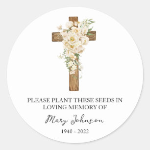 Witte Roos Kruis Herdenkings Funeraire Zaadzakje Ronde Sticker