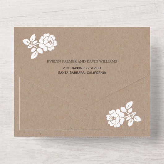 witte roos met kraftpapier bruiloft all in one uitnodiging (Achterkant)