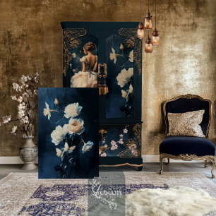 Witte Roos & Narcis Boeket Navy Achtergrond Tissuepapier