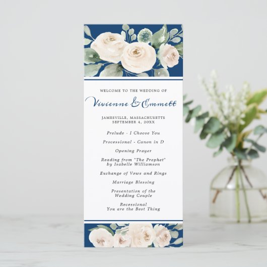 Witte Roos op Navy Blue Bruiloft Programma (Staand voorkant)