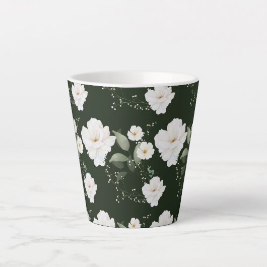 Witte Roos op Zwarte Latte Koffie Mok Bloemen (Voorkant)