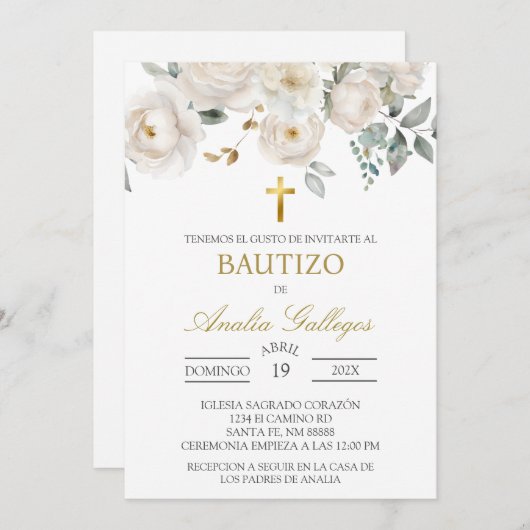 Witte roos Spaanse doop uitnodiging (Voorkant / Achterkant)