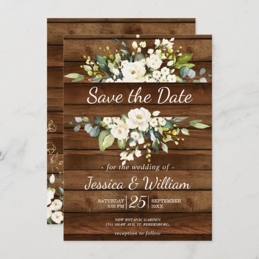 Witte Rose Bloemen Bruiloft Save the Date Uitnodig Bedankkaart (Voorkant / Achterkant)