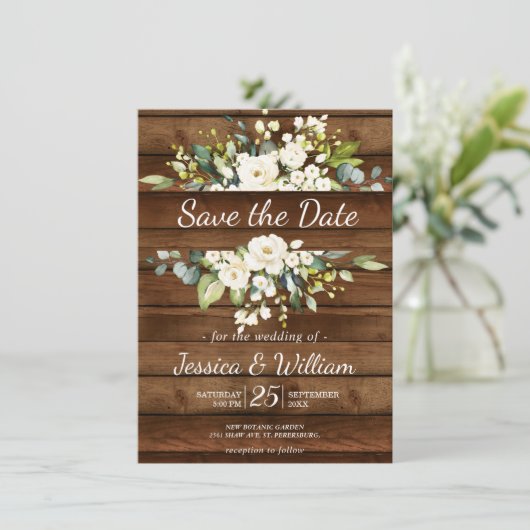 Witte Rose Bloemen Bruiloft Save the Date Uitnodig Bedankkaart (Staand voorkant)