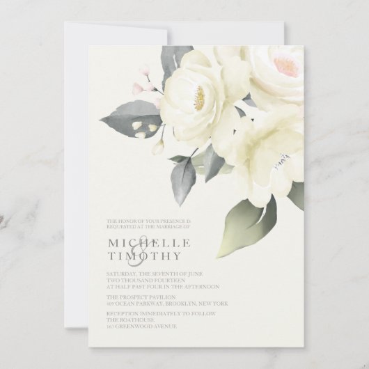 Witte Rose Bloemen Bruiloft Uitnodigingen (Voorkant)