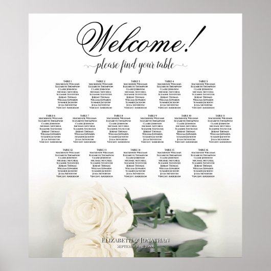 Witte Rose Elegant 16 Tafel Bruiloft Zitgrafiek Poster (Voorkant)