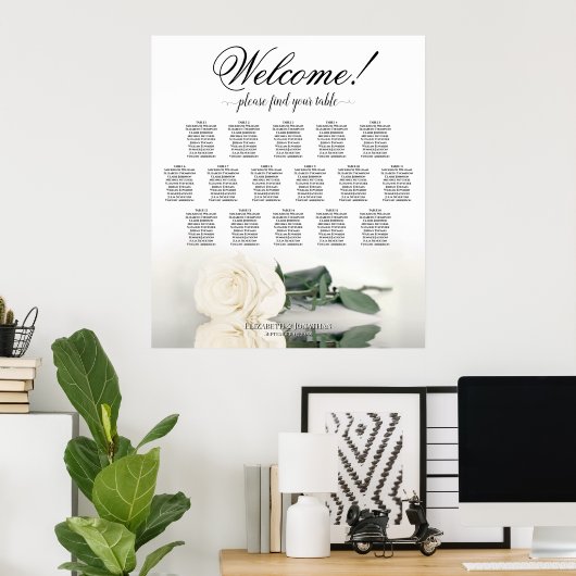 Witte Rose Elegant 16 Tafel Bruiloft Zitgrafiek Poster (Thuiskantoor)