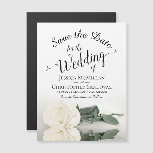 Witte Rose Elegant Bruiloft Save the Date Magnet (Voorkant / Achterkant)